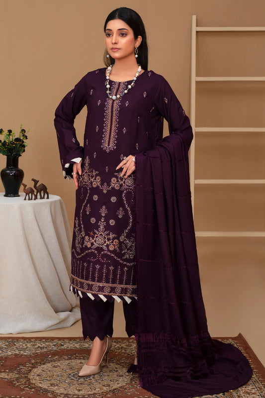 WearJora-3PC Dhanak Embroidered Shirt with Velvet Dhanak Shawl and Trouser-W.J-1288