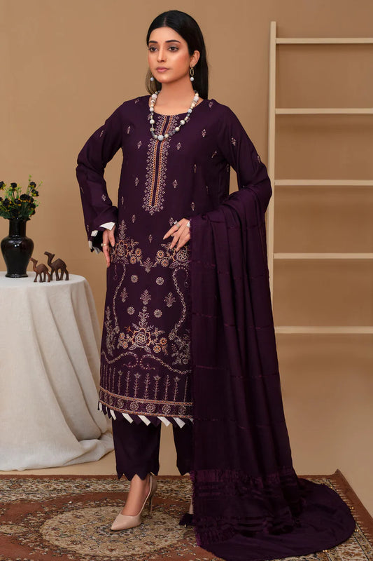 WearJora-3PC Dhanak Embroidered Shirt with Velvet Dhanak Shawl and Trouser-WJ-1926