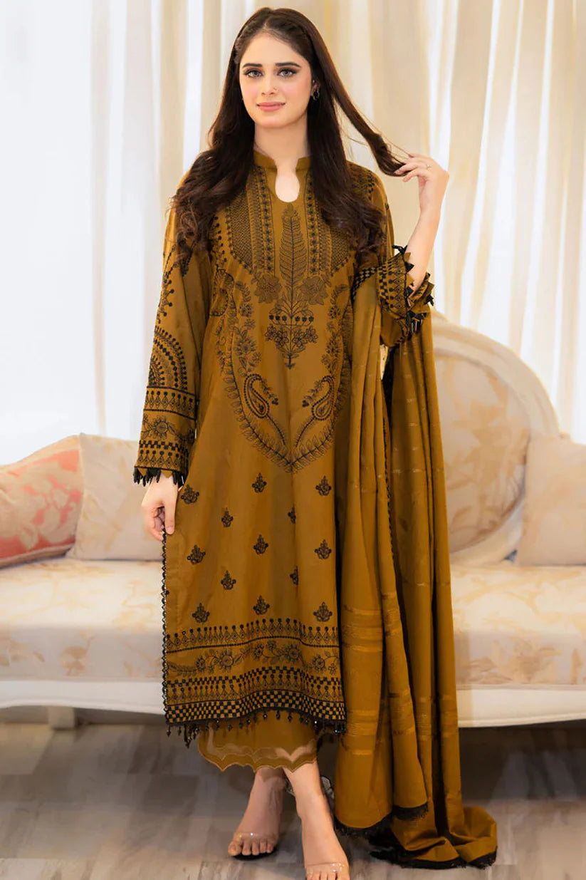 LIBAAS-3PC DHANAK EMBROIDERED SHIRT WITH DHANAK EMBROIDERED SHAWL & EMB TROUSER-W.J-5227