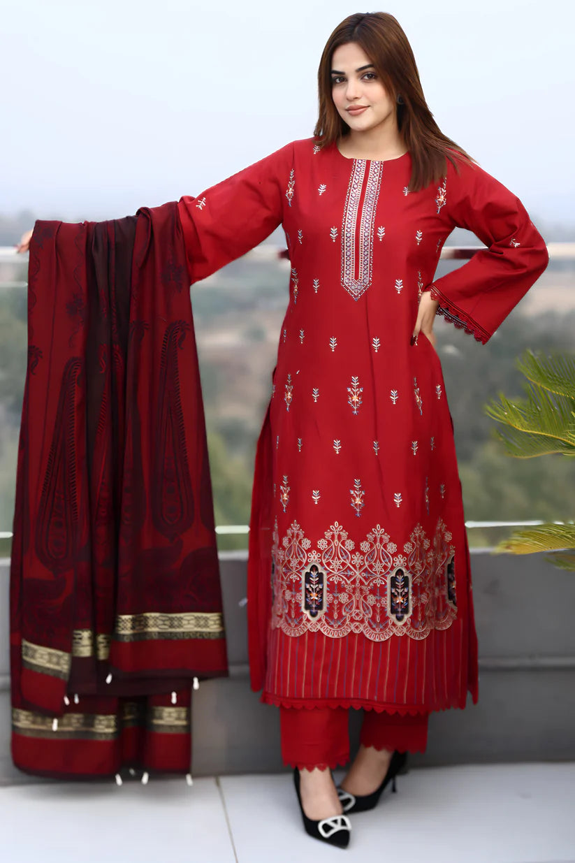 WearJora-3PC KHADDAR CUTWORK EMBROIDERED SHIRT WITH KASHMIRI JACQUARD WOOL SHAWL-W.J-1552