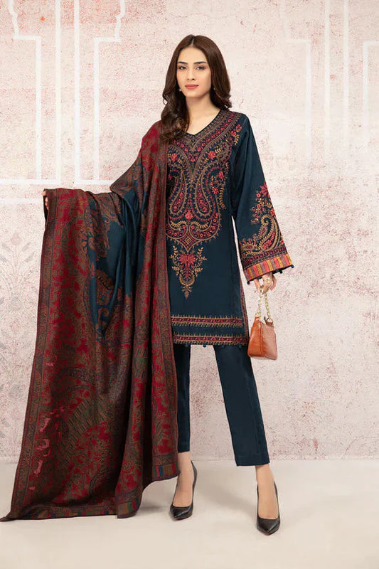 MARIA B-3PC DHANAK EMBROIDRED SHIRT WITH WOOL PRINT SHAWL AND TROUSER-W.J-1036