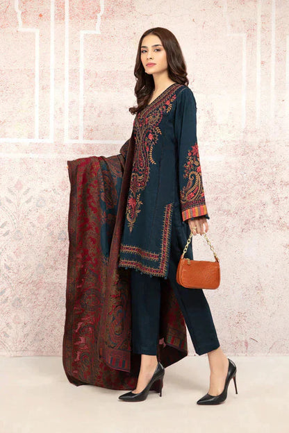 MARIA B-3PC DHANAK EMBROIDRED SHIRT WITH WOOL PRINT SHAWL AND TROUSER-W.J-1036