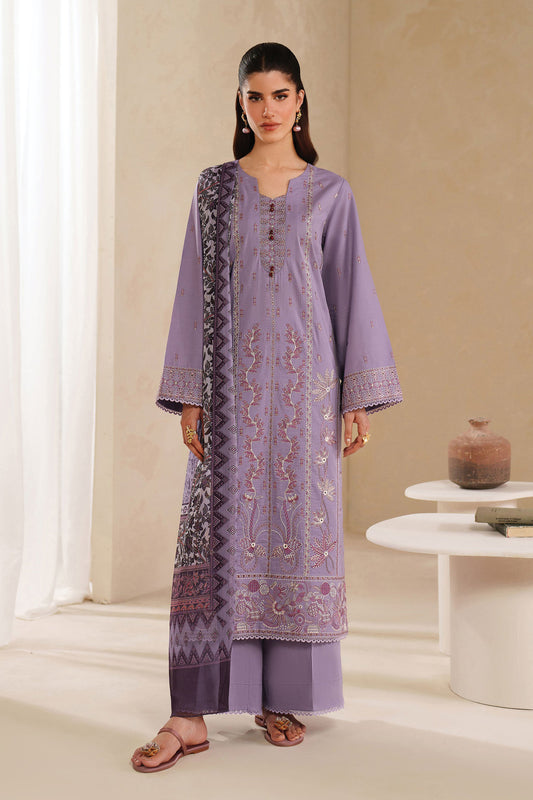 GARNET-3PC DHANAK EMBROIDERED SHIRT WITH COURTRAI PRINTED SHAWL AND TROUSER-W.J-2025