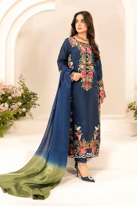 MIRANA-3PC LAWN EMBROIDERED SHIRT WITH CHIFFON TYE & DYE DUPATTA & TROUSER-W.J-1743