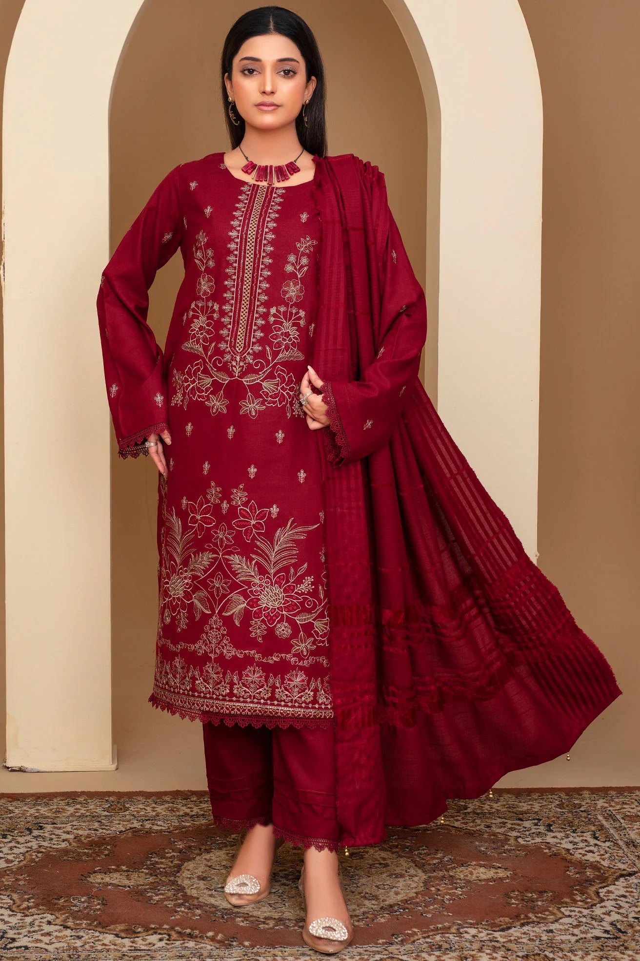 WearJora-3PC Dhanak Embroidered Shirt with Velvet Dhanak Shawl and Trouser-W.J-1291