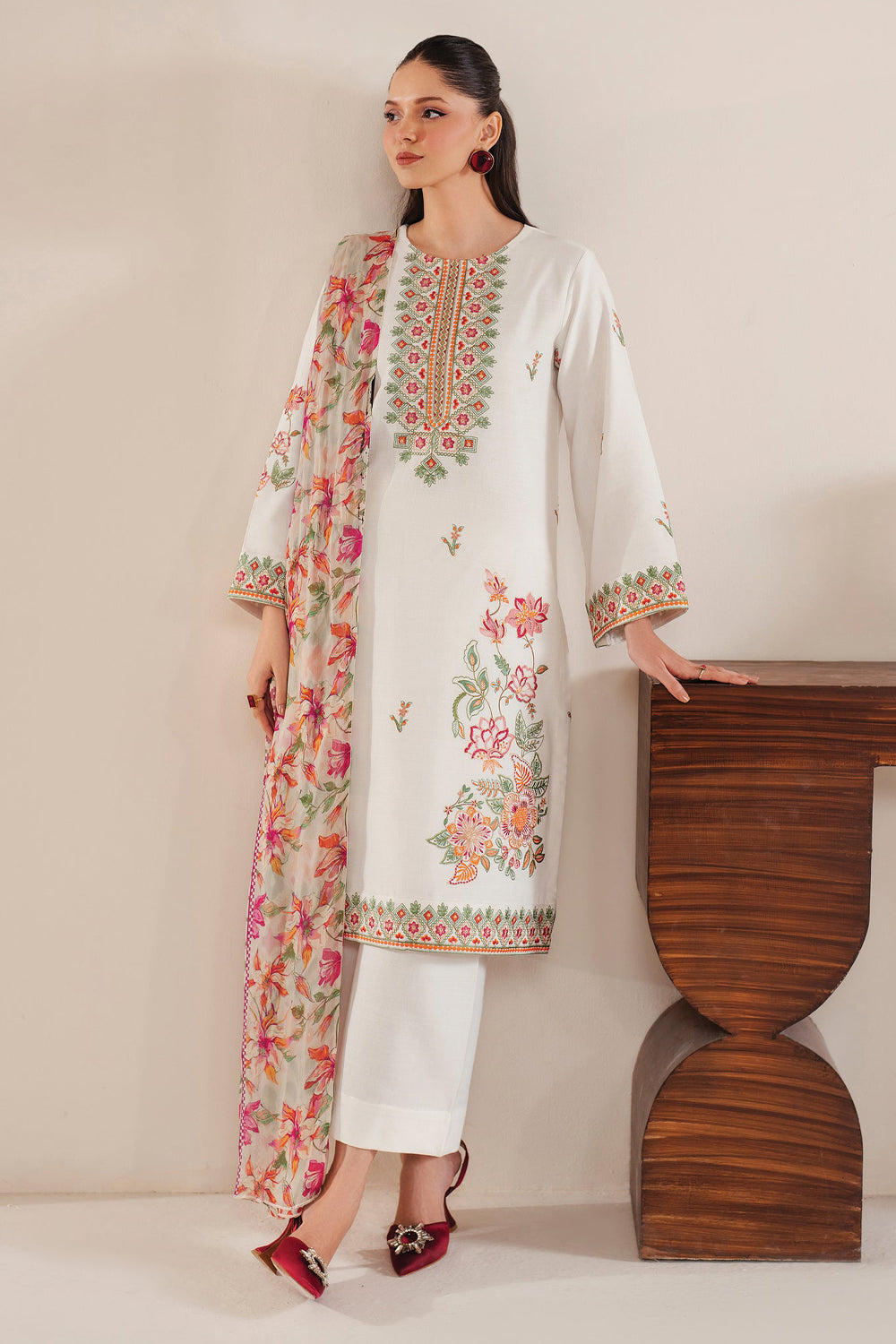 GARNET-3PC LAWN EMBROIDERED SHIRT WITH MONARK PRINT DUPATTA & LAWN TROUSER-W.J-1515