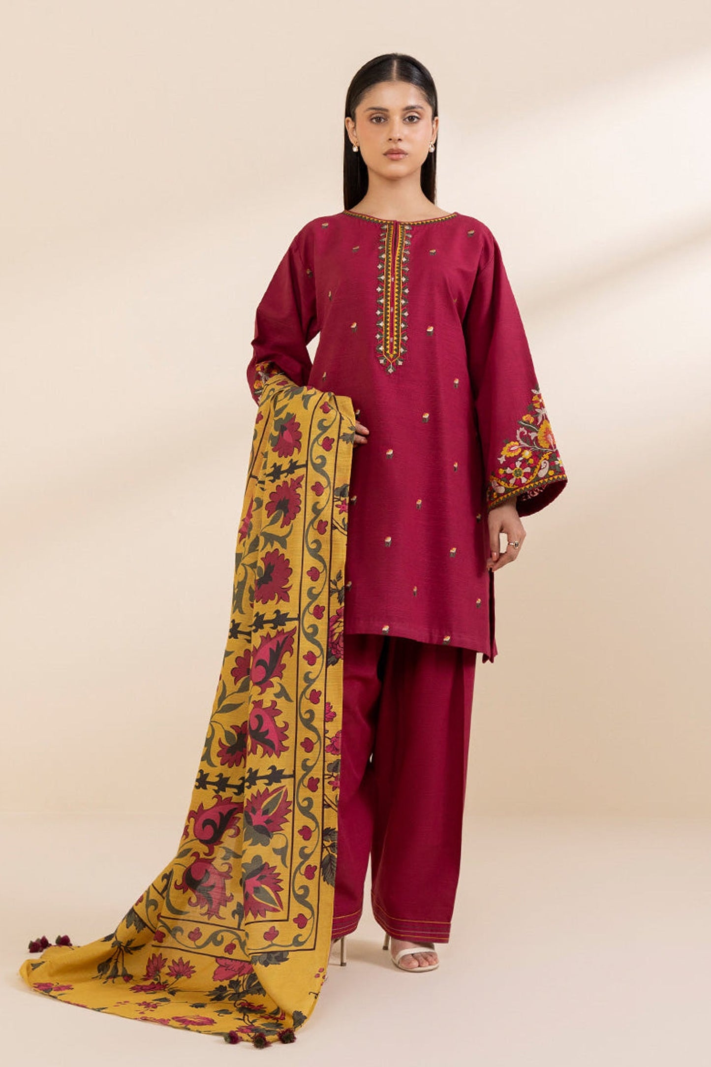 SAPPHIRE-3PC LAWN EMBROIDERED SHIRT WITH MONARK PRINT DUPATTA AND TROUSER-W.J-1507