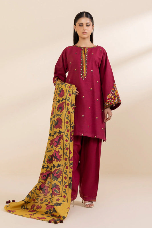 SAPPHIRE- 3PC KHADAR EMBROIDERED SHIRT WITH WOOL PRINT SHAWL AND TROUSER-W.J-1305