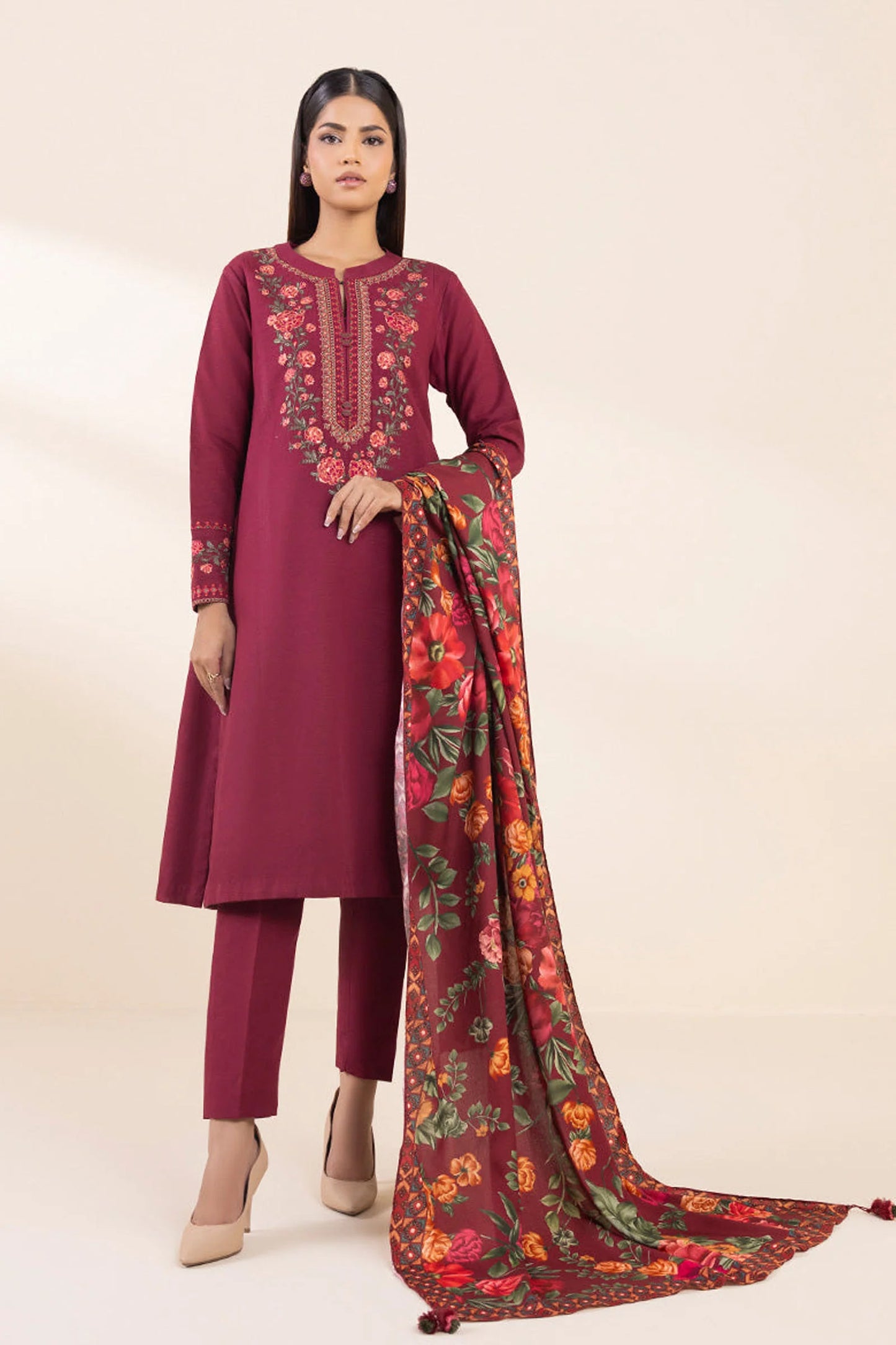 SAPPHIRE- 3PC DHANAK EMBROIDERED SHIRT WITH WOOL PRINT SHAWL AND TROUSER-W.J-1308