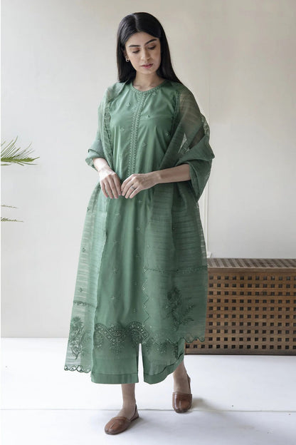 DYOT - 3PC LAWN EMBROIDERED SHIRT WITH ORGANZA EMBROIDERED DUPPATTA & TROUSER-W.J-1486