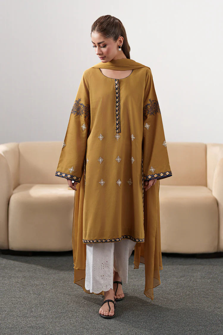 IZEL-3PC DHANAK EMBROIDERED SHIRT WITH DHANAK SHAWL AND EMB TROUSER-W.J-4335