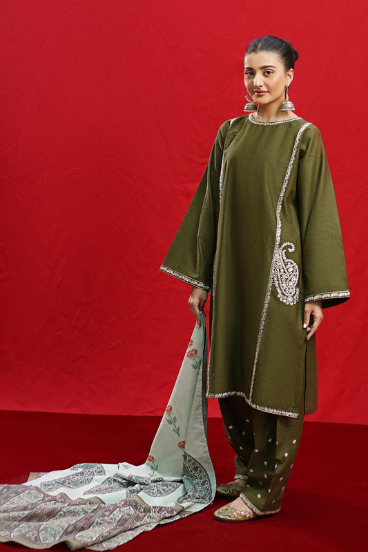 Urge- 3PC Dhanak Embroidered Shirt With Dhanak Twil Print Wool Shawl & Trouser-W.J-1014