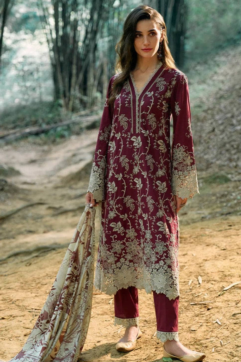 IMAGE-3PC LAWN EMBROIDERED SHIRT WITH MONARK PRINTED DUPATTA & TROUSER-W.J-1580