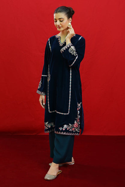 URGE -2PC Velvet Heavy Embroidered Shirt With Velvet Embroidered Sleeves-D23-W.J-1428