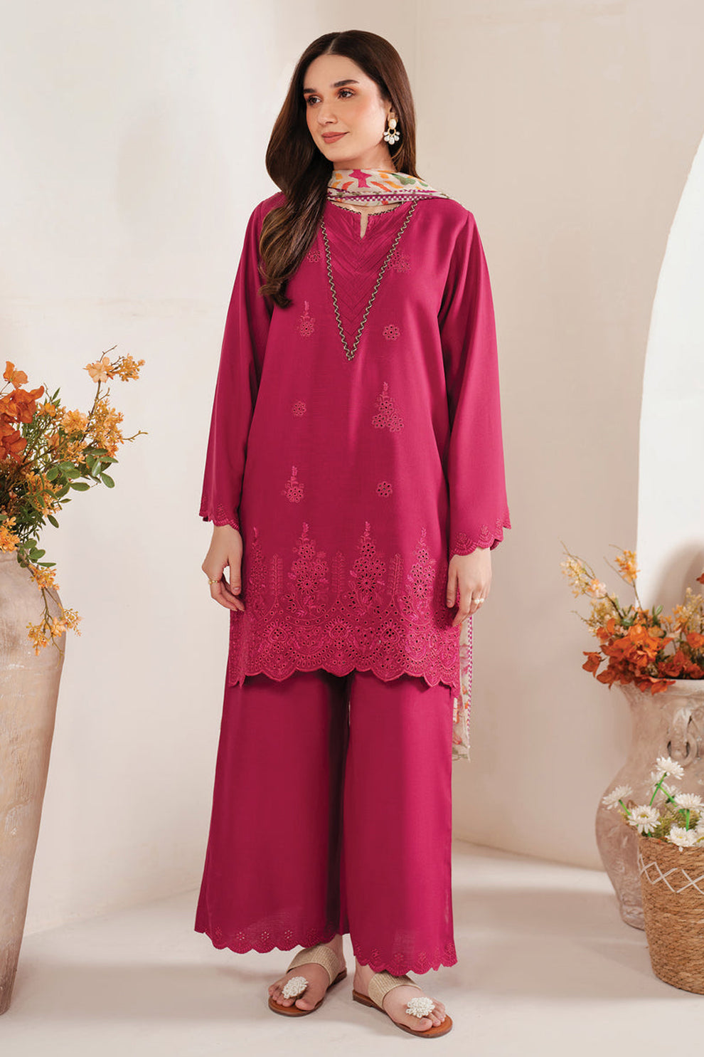 GARNET-3PC LAWN EMBROIDERED SHIRT WITH MONARK PRINT DUPATTA AND EMB TROUSER-W.J-1604