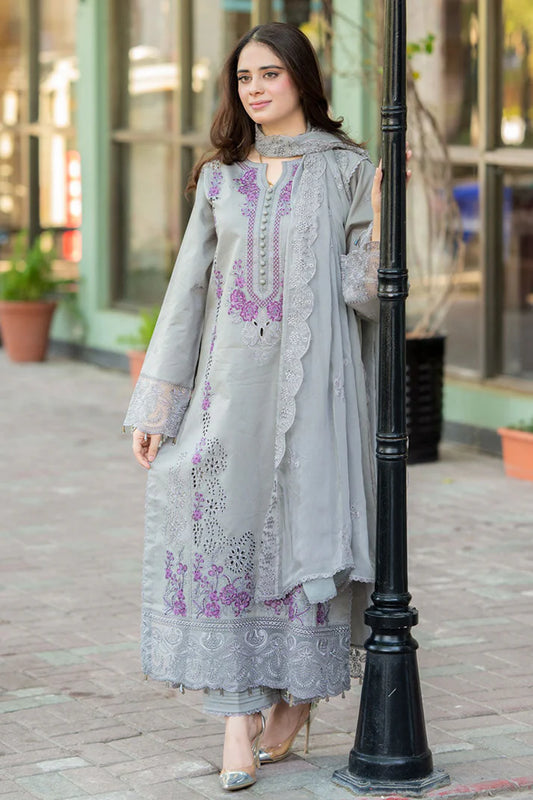 LIBAAS-3PC DHANAK EMBROIDERED SHIRT WITH CHIFFON EMBROIDERED DUPATTA AND TROUSER -W.J-1786