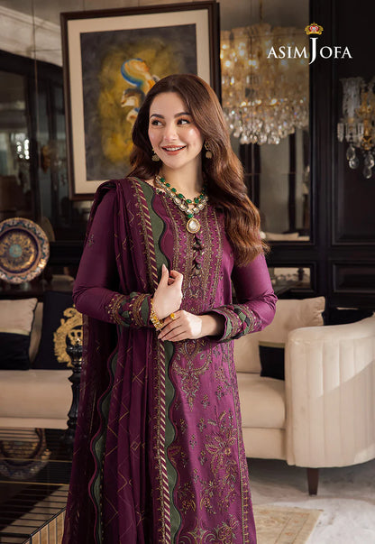 ASIM JOFA-3PC DHANAK EMBROIDERED SHIRT WITH DHANAK EMBROIDERED SHAWL & DHANAK TOUSER-WJ-1951