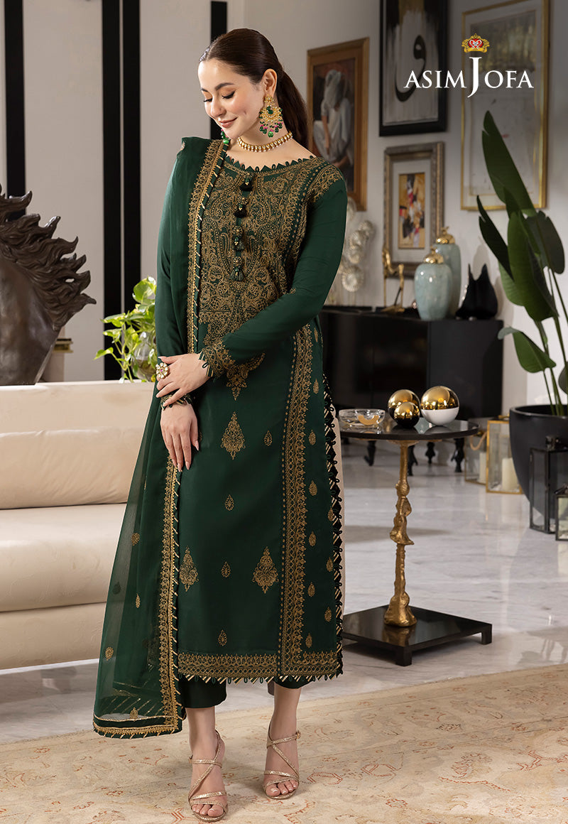 ASIM JOFA-3PC DHANAK EMBROIDRED SHIRT WITH CHIFFON EMBROIDRED DUPATTA AND TROUSER-W.J-5002