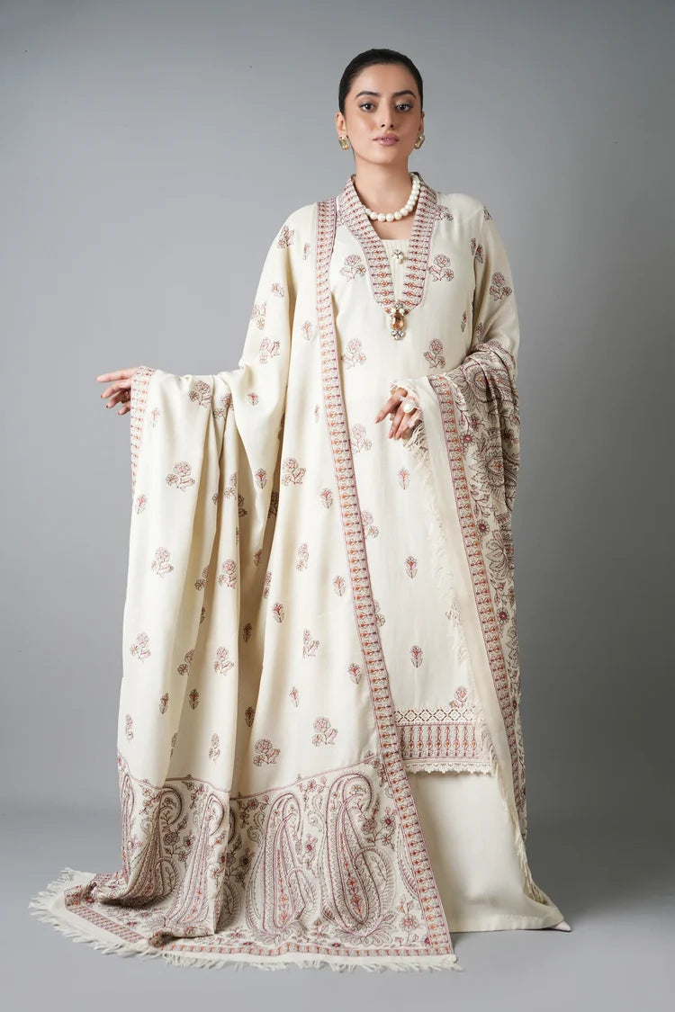 BAREEZE-3PC KARANDI EMBROIDERED SHIRT WITH KARANDI EMBROIDERED SHAWL AND KARANDI TROUSER-W.J-5254