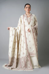 BAREEZE-3PC KARANDI EMBROIDERED SHIRT WITH KARANDI EMBROIDERED SHAWL AND KARANDI TROUSER-W.J-5254