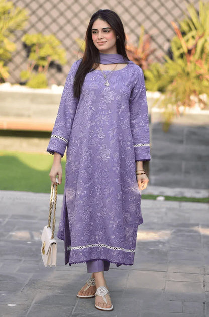 BAREEZE-3PC DHANAK EMBROIDERED SHIRT WITH CHIFFON EMBROIDERED DUPATTA AND TROUSER -W.J-1813