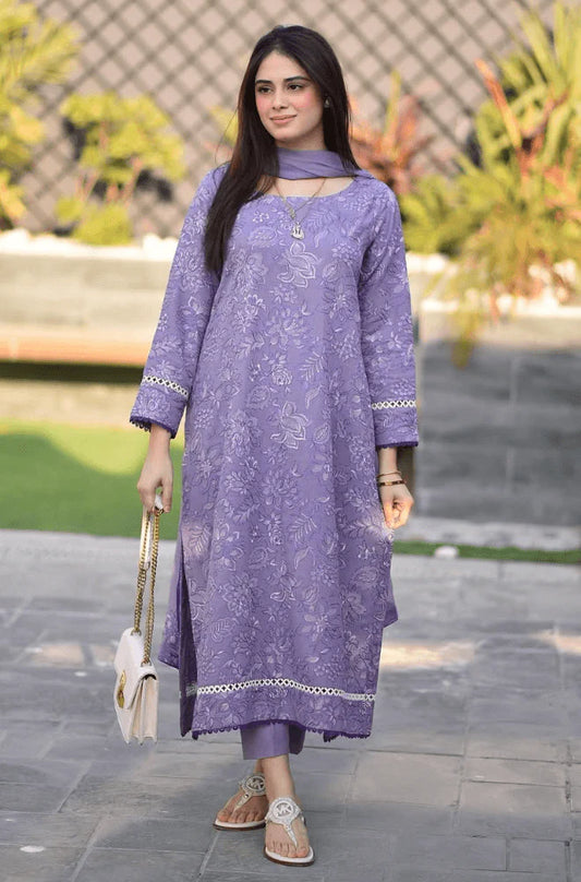 BAREEZE-3PC DHANAK EMBROIDERED SHIRT WITH CHIFFON EMBROIDERED DUPATTA AND TROUSER -W.J-1813