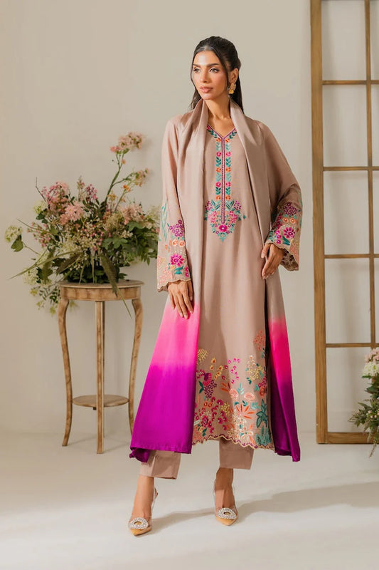 VINTAGE-3PC DHANAK EMBROIDERED SHIRT WITH TYE & DYE CHIFFON DUPATTA AND TROUSER-W.J-1995