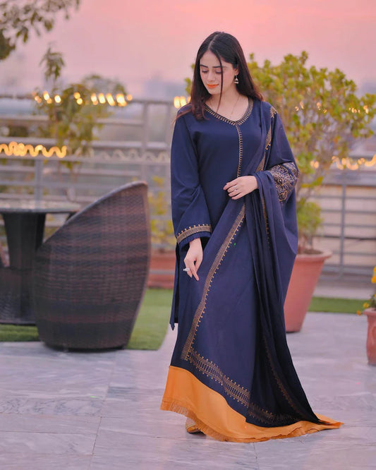 AISLING-3PC DHANAK EMBROIDERED SHIRT WITH COUTRAI PRINTED SHAWL AND TROUSER-W.J-1789