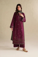 IZNIK-3PC DHANAK EMBROIDERED SHIRT WITH DHANAK EMBROIDERED SHAWL AND TROUSER-W.J-5145