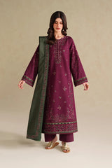 IZNIK-3PC DHANAK EMBROIDERED SHIRT WITH DHANAK EMBROIDERED SHAWL AND TROUSER-W.J-5145