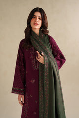 IZNIK-3PC DHANAK EMBROIDERED SHIRT WITH DHANAK EMBROIDERED SHAWL AND TROUSER-W.J-5145