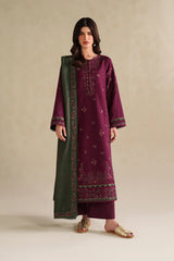 IZNIK-3PC DHANAK EMBROIDERED SHIRT WITH DHANAK EMBROIDERED SHAWL AND TROUSER-W.J-5145