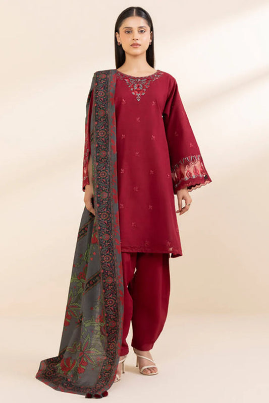 SAPPHIRE-3PC DHANAK EMBROIDERED SHIRT WITH WOOL PRINT SHAWL & TROUSER-W.J-1338