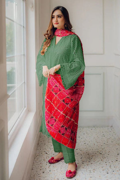 MARIA B-3PC CHIKANKARI LAWN EMBROIDERED SHIRT WITH CHUNRI PRINT DUPATTA AND TROUSER M-W.J-1600