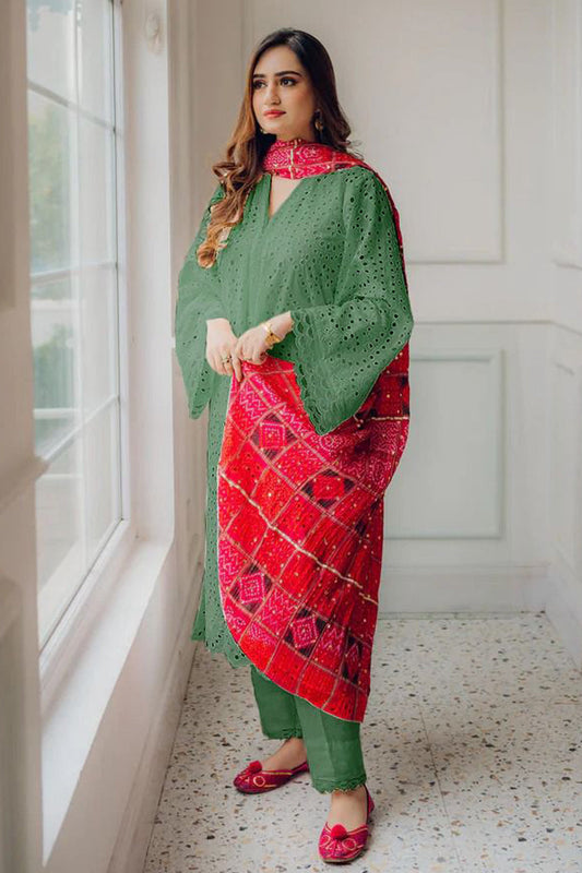 MARIA B-3PC CHIKANKARI LAWN EMBROIDERED SHIRT WITH CHUNRI PRINT DUPATTA AND TROUSER M-W.J-1600