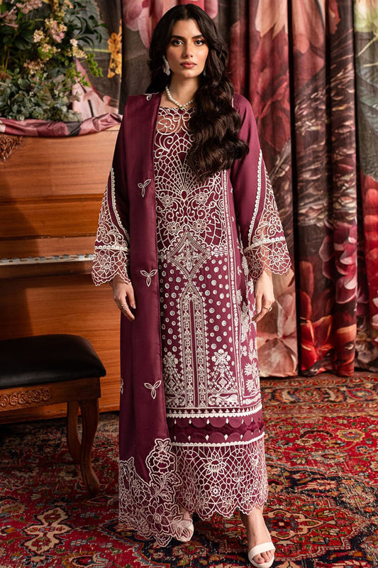 QALAMQAR-3PC CHIKANKAARI LAWN CUTWORK EMBROIDERED SHIRT WITH LAWN EMBROIDERED CUTWORK DUPATTA AND TROUSER-W.J-1591