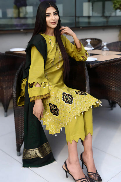 WearJora-3PC KHADDAR CUTWORK EMBROIDERED SHIRT WITH KASHMIRI JACQUARD WOOL SHAWL-W.J-1354