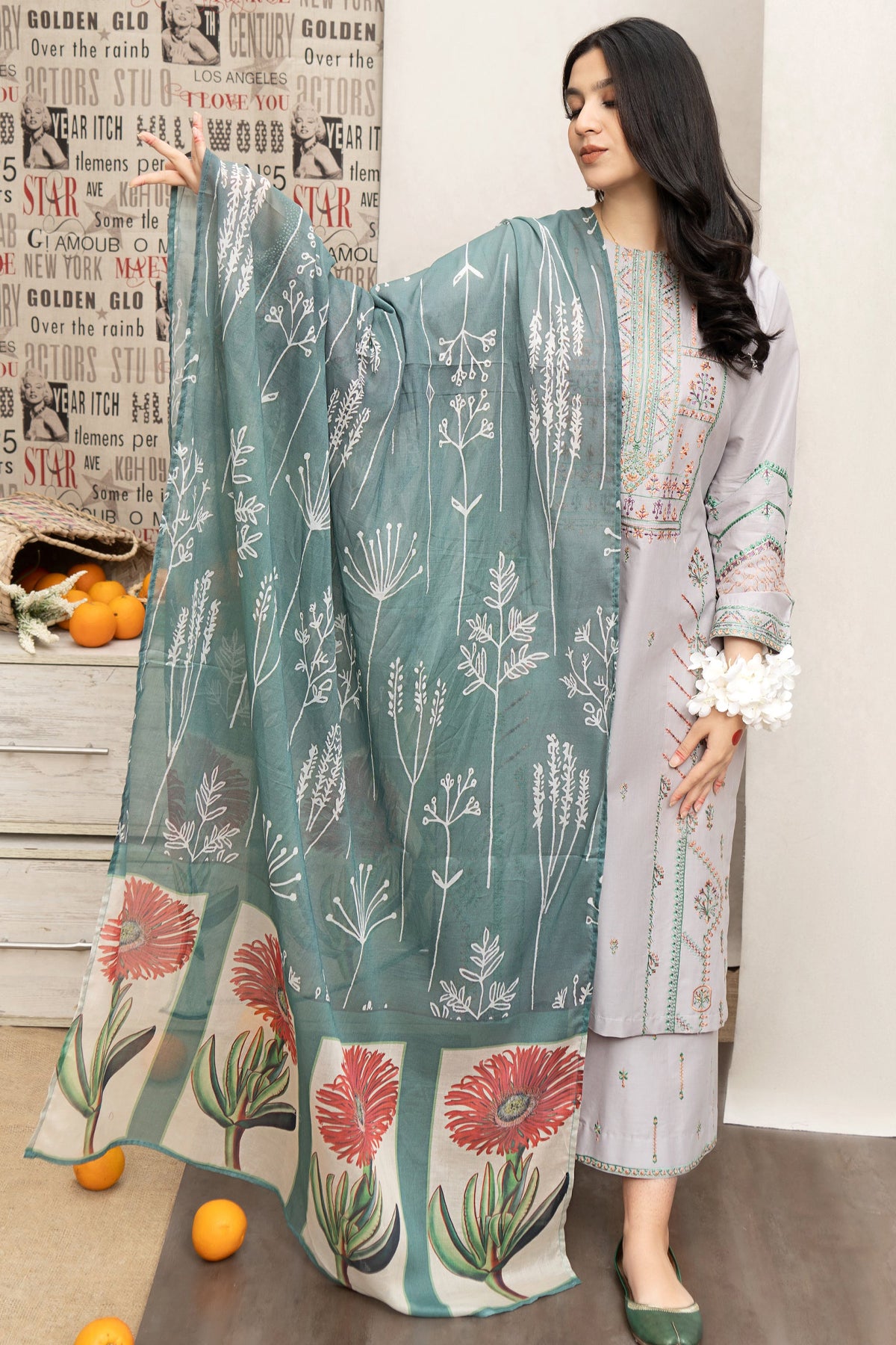 URGE - 3PC DHANAK EMBROIDERED SHIRT WITH COUTUTRE PRINTED SHAWL & EMB TROUSER-W.J-1084