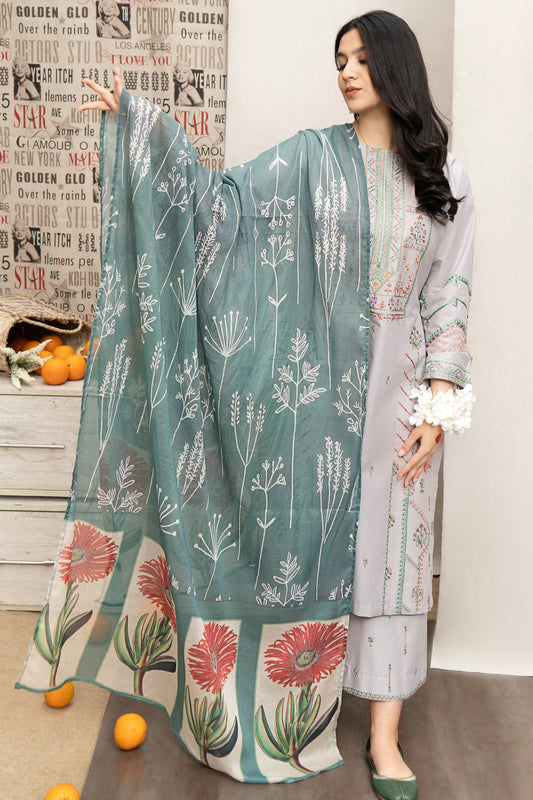URGE - 3PC DHANAK EMBROIDERED SHIRT WITH COUTUTRE PRINTED SHAWL & EMB TROUSER-W.J-1084