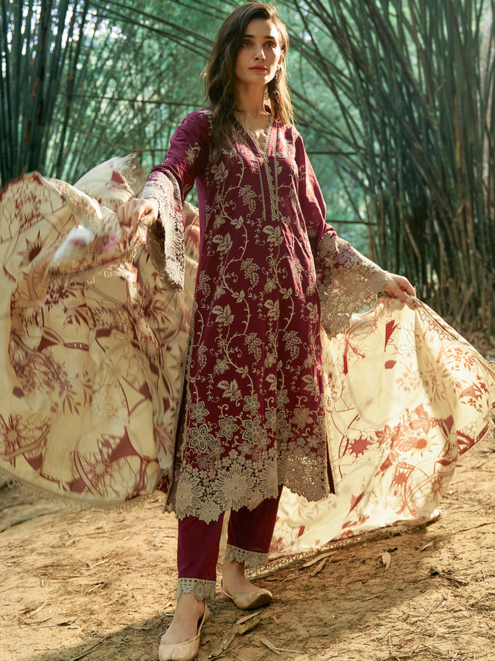 IMAGE-3PC LAWN EMBROIDERED SHIRT WITH MONARK PRINTED DUPATTA & TROUSER-W.J-1580