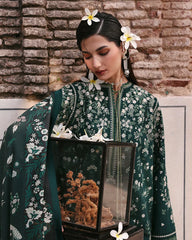 HUSSAIN REHAR-3PC DHANAK EMBROIDERED SHIRT WITH COUTRAI PRINTED SHAWL AND EMB TROUSER-W.J-5273