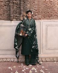 HUSSAIN REHAR-3PC DHANAK EMBROIDERED SHIRT WITH COUTRAI PRINTED SHAWL AND EMB TROUSER-W.J-5273