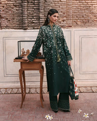 HUSSAIN REHAR-3PC DHANAK EMBROIDERED SHIRT WITH COUTRAI PRINTED SHAWL AND EMB TROUSER-W.J-5273