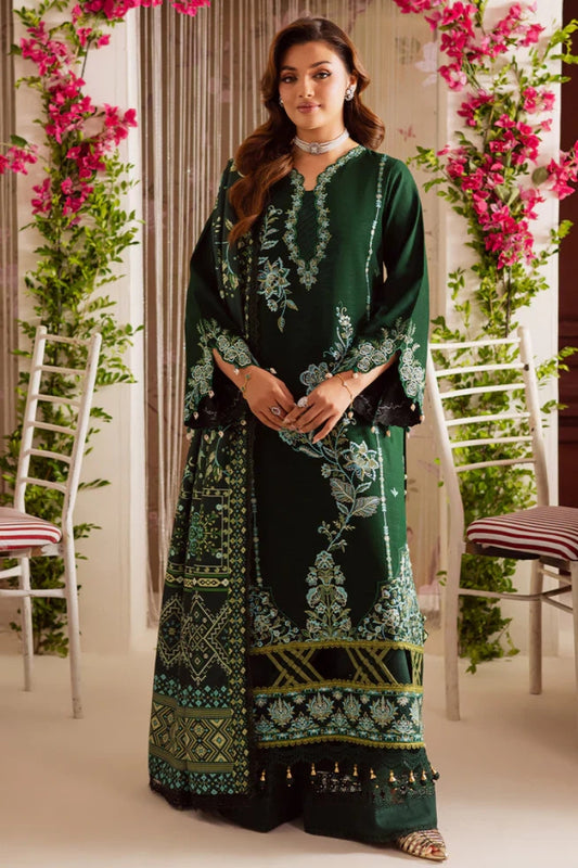 MAHNUR-3PC DHANAK EMBROIDERED SHIRT WITH COURTRAI PRINTED SHAWL & TROUSER-W.J-2039