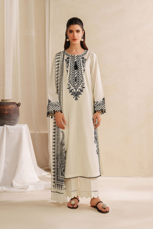 GARNET-3PC KHADDAR EMBROIDERED SHIRT WITH COURTRAI PRINTED SHAWL AND TROUSER-W.J-2028