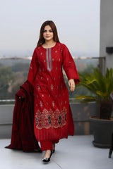 WearJora-3PC KHADDAR CUTWORK EMBROIDERED SHIRT WITH KASHMIRI JACQUARD WOOL SHAWL-W.J-1552