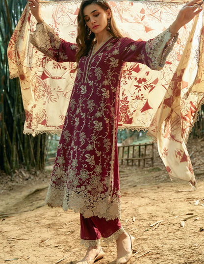 IMAGE-3PC LAWN EMBROIDERED SHIRT WITH MONARK PRINTED DUPATTA & TROUSER-W.J-1580