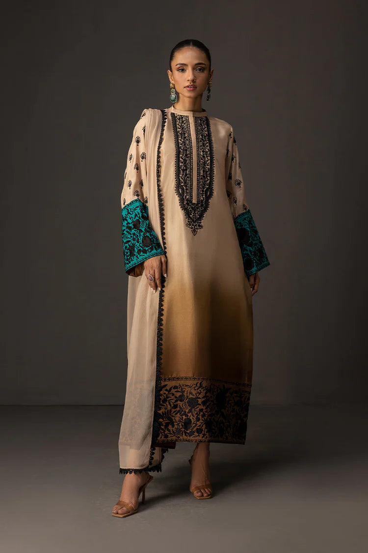 ZAINAB CHOTANI-3PC SHAMOZ SILK PRINT EMBROIDERED SHIRT WITH SOFT SILK PRINT DUPATTA & SILK TROUSER-W.J-9010