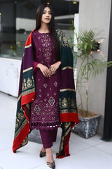 WearJora-3PC KHADDAR CUTWORK EMBROIDERED SHIRT WITH KASHMIRI JACQUARD WOOL SHAWL-W.J-1550